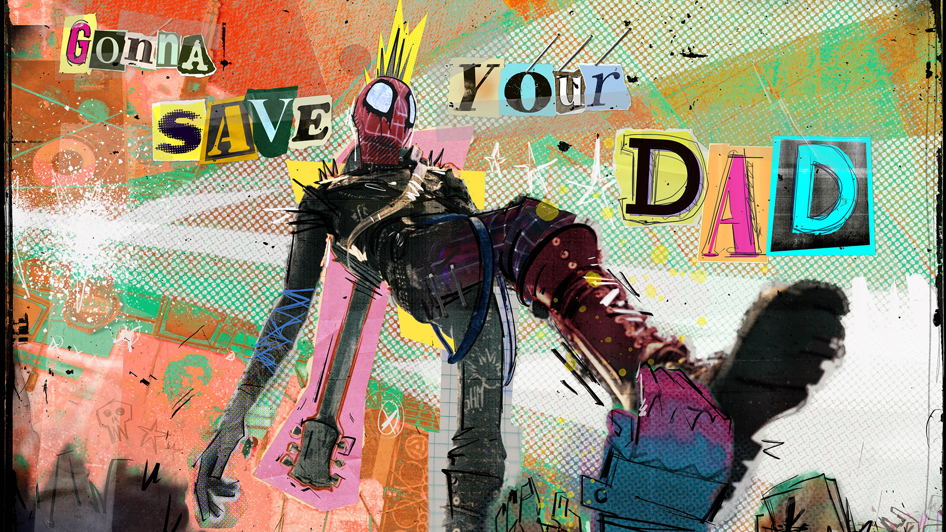 A stylized, scrapbook inspired image of Spider-Punk in Spider-Man: Beyond the Spider-Verse