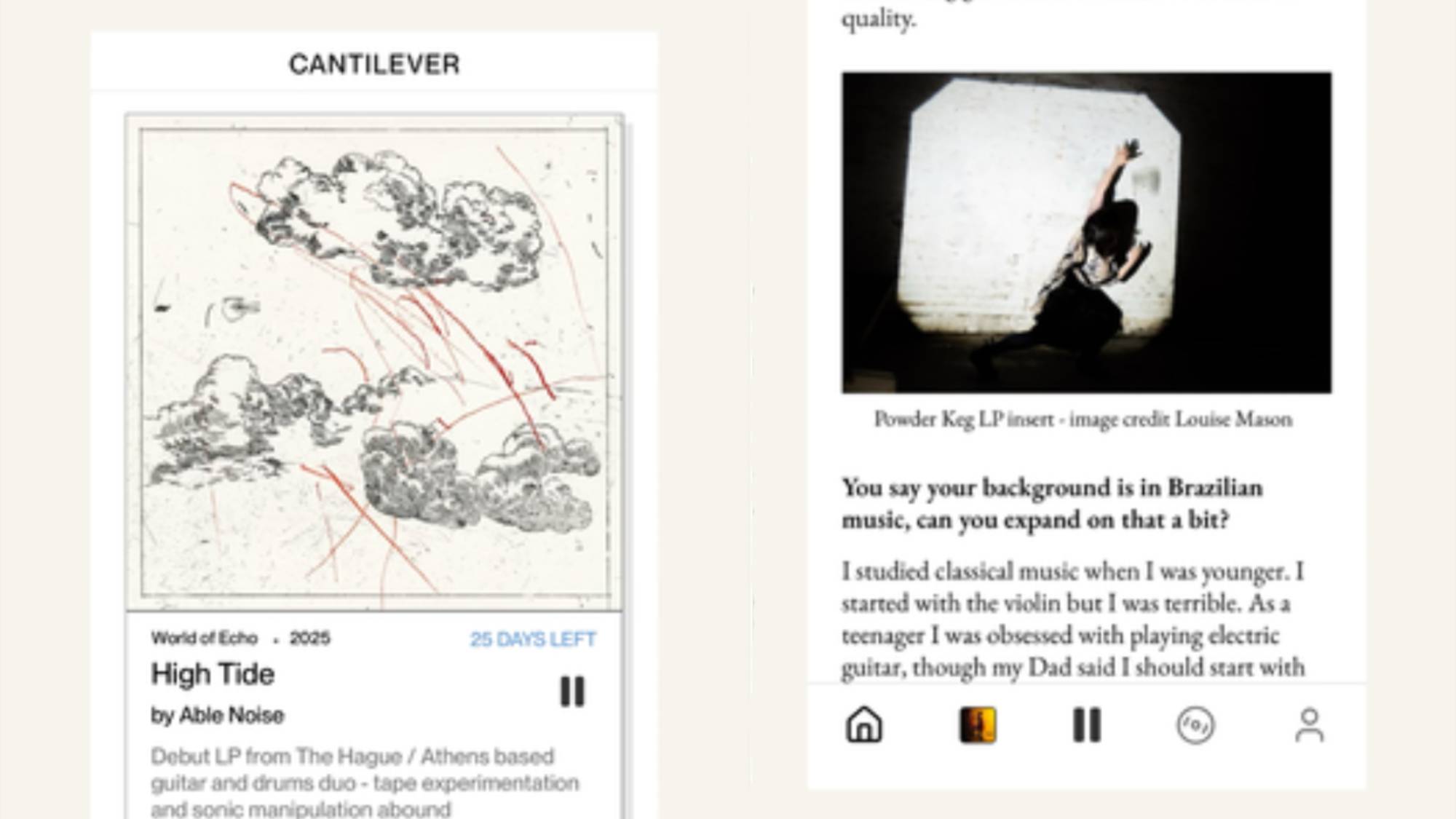 Two images of the Cantilever music app interface
