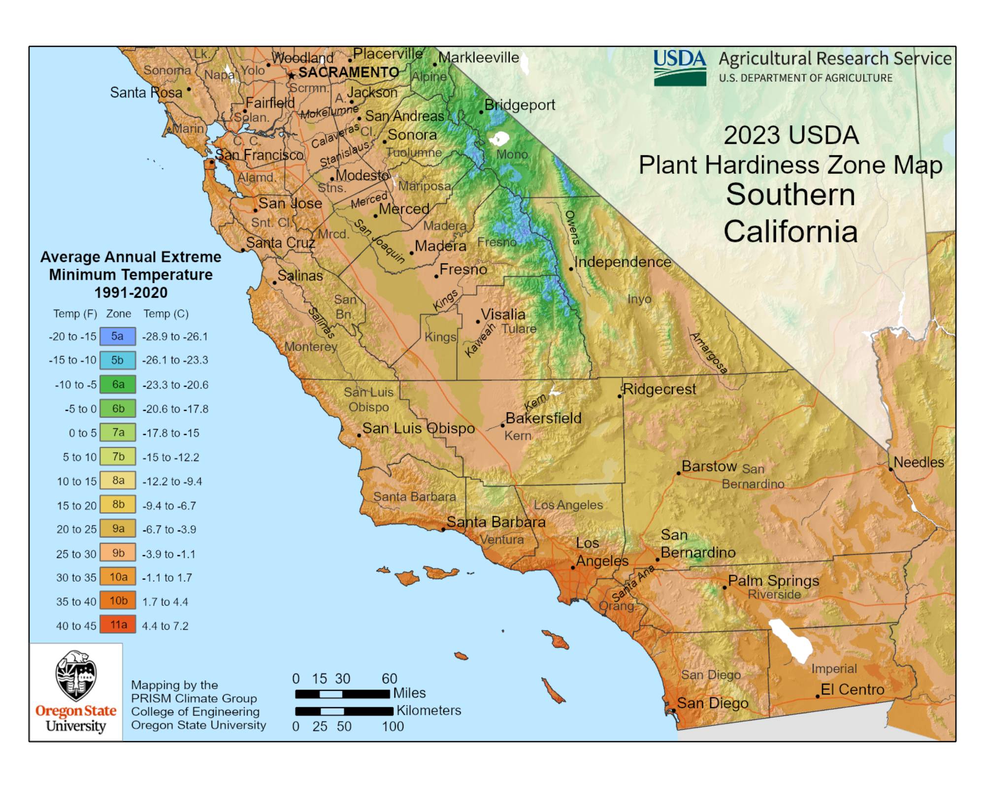 USDA hardiness zone map of Southern California
