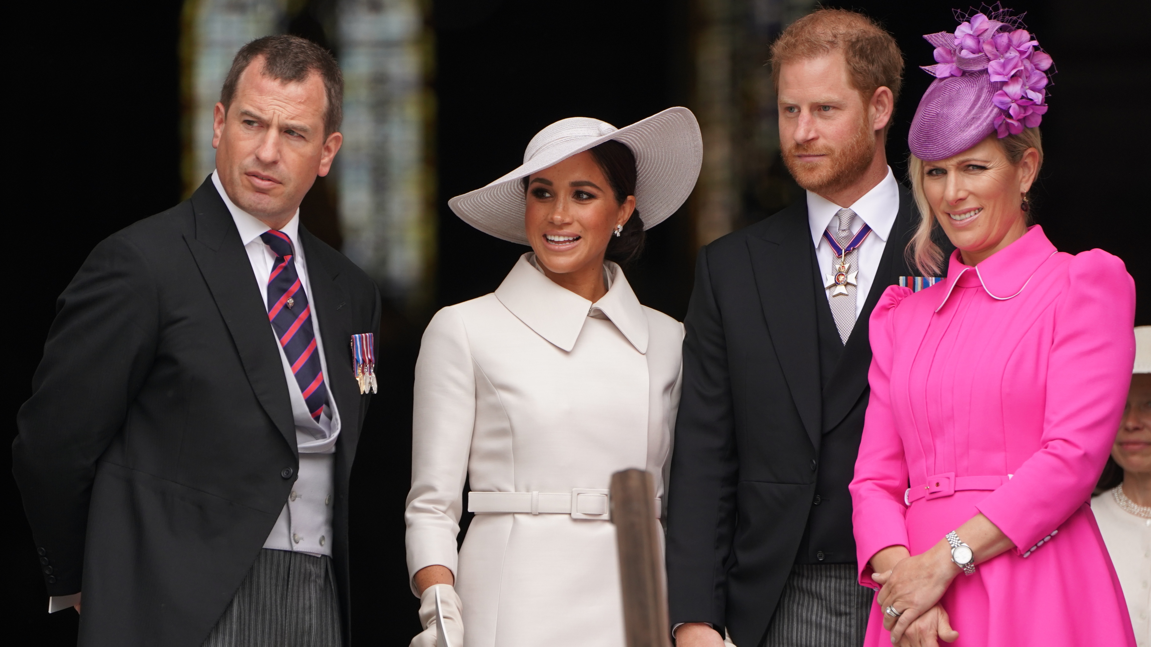 Peter Phillips, Meghan, Duchess of Sussex, Prince Harry, Duke of Sussex and Zara Phillips leave after the National Service of Thanksgiving to Celebrate the Platinum Jubilee on June 3, 2022