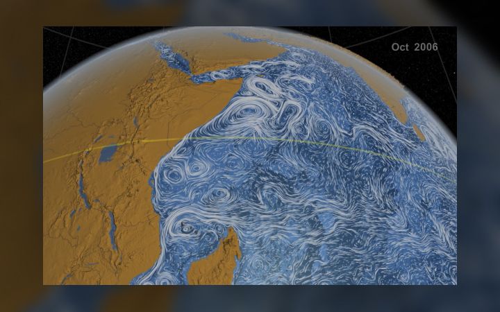 Researchers have found a new way to use satellites to monitor the Great Whirl, a massive whirlpool the size of Colorado that forms each year off the coast of East Africa, shown here in a visualization of ocean currents in the Indian Ocean.