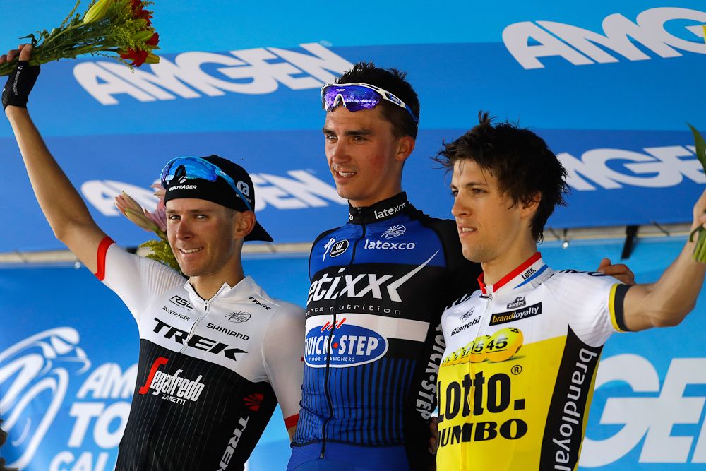 Peter Stetina, Julian Alaphilippe and George Bennett on the podium of the queen stage at Tour of California