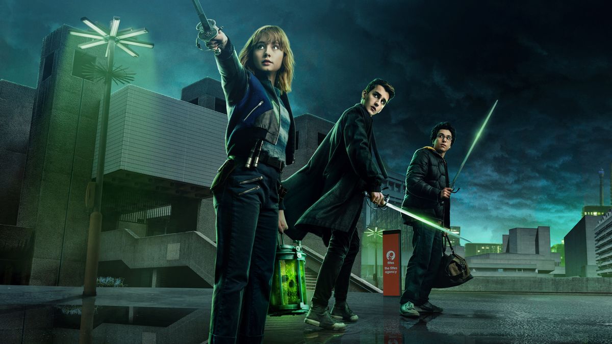 A promotional image for Netflix&#039;s Lockwood &amp; Co, which shows its trio of protagonists looking at something off camera