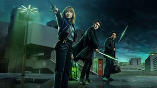 A promotional image for Netflix's Lockwood & Co, which shows its trio of protagonists looking at something off camera