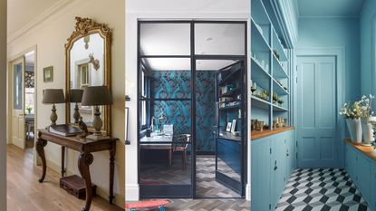 Hallway with French style wooden table and ornate framed mirror on neutral wall / A small office with glass doors, painted dark blue with a feature wall, and parquet floor. / Benjamin Moore Tranquil Blue on Walls, Trim, Cabinetry and Ceiling of a mudroom.