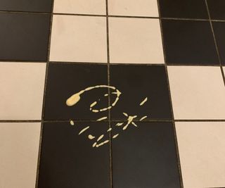 Ranch spilled on black and white tiles.