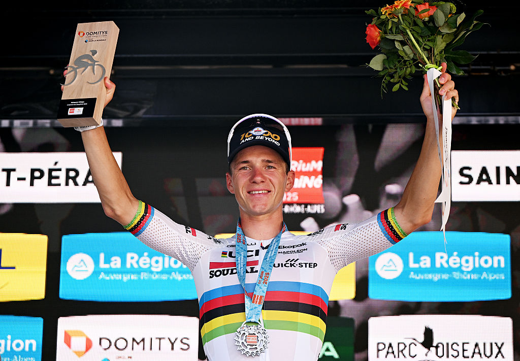 SAINTPERAY FRANCE  JUNE 10 Remco Evenepoel of Belgium and Team Soudal QuickStep celebrates at podium as stage winner during the 77th Criterium du Dauphine 2025 Stage 4 a 174km individual time trial stage from CharmessurRhone to SaintPeray  UCIWT  on June 10 2025 in SaintPeray France Photo by Dario BelingheriGetty Images