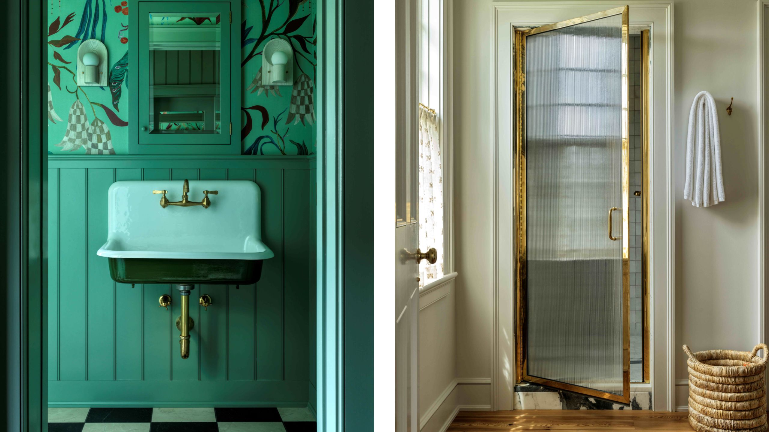 two side by side images of a green wallpapered powder room with retro sink and checkered floor with a neutral sauna with brass and glass framed door