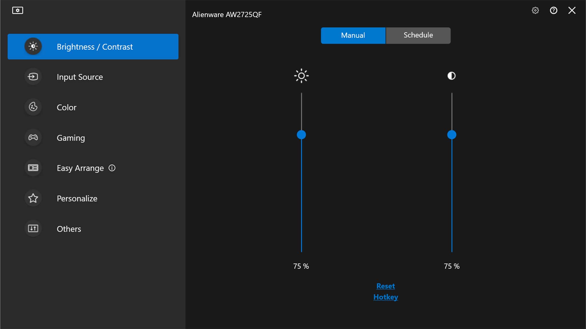 Screenshot of the Dell Display Manager 2's brightness and contrast sliders.