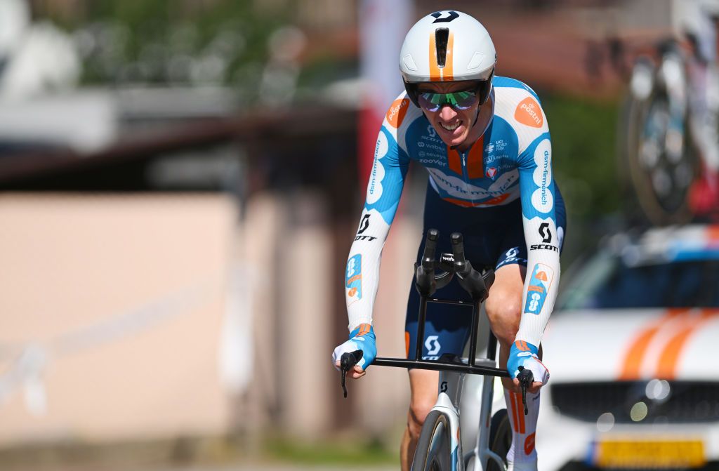 KARPACZ POLAND AUGUST 13 Romain Bardet of France and Team Team Dsm Firmenich PostNl sprints during the 81st Tour de Pologne Stage 2 a 154km individual time trial stage from Mysakowice to Karpacz UCIWT on August 13 2024 in Karpacz Poland Photo by Luc ClaessenGetty Images