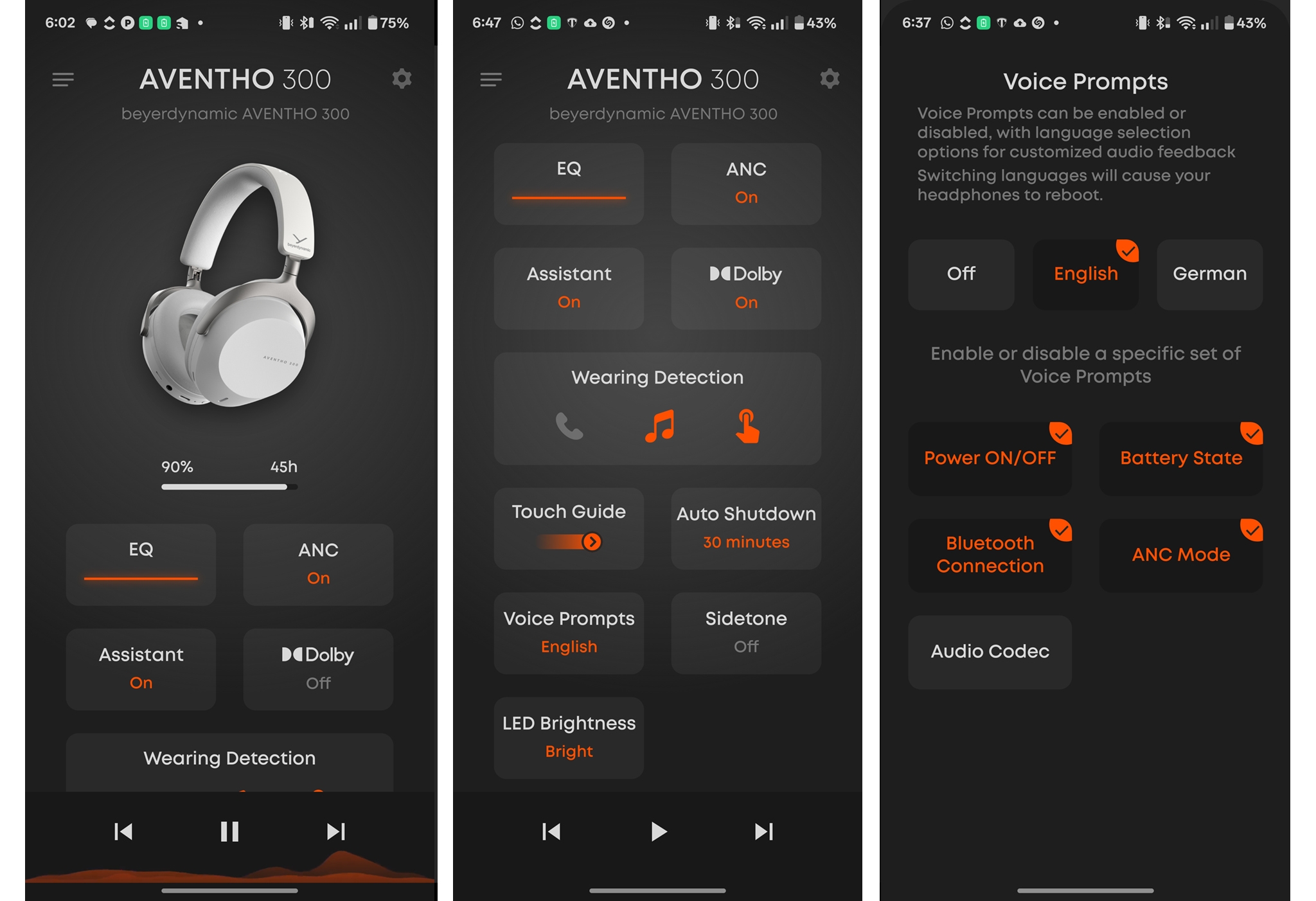Screenshots from Beyerdynamic app for Aventho 300 headphones.