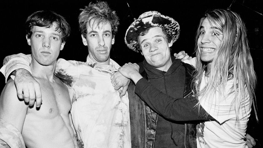 Red Hot Chili Peppers as they pose together before a sold-out performance at the Ritz, New York, New York, December 12, 1986. Pictured are, from left, Jack Irons, Hillel Slovak (1962 - 1988), Flea (born Michael Balzary), and Anthony Kiedis