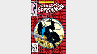 Spider-Man in his black costume swinging forward in an acrobatic pose with the number 300 repeating over and over in the background