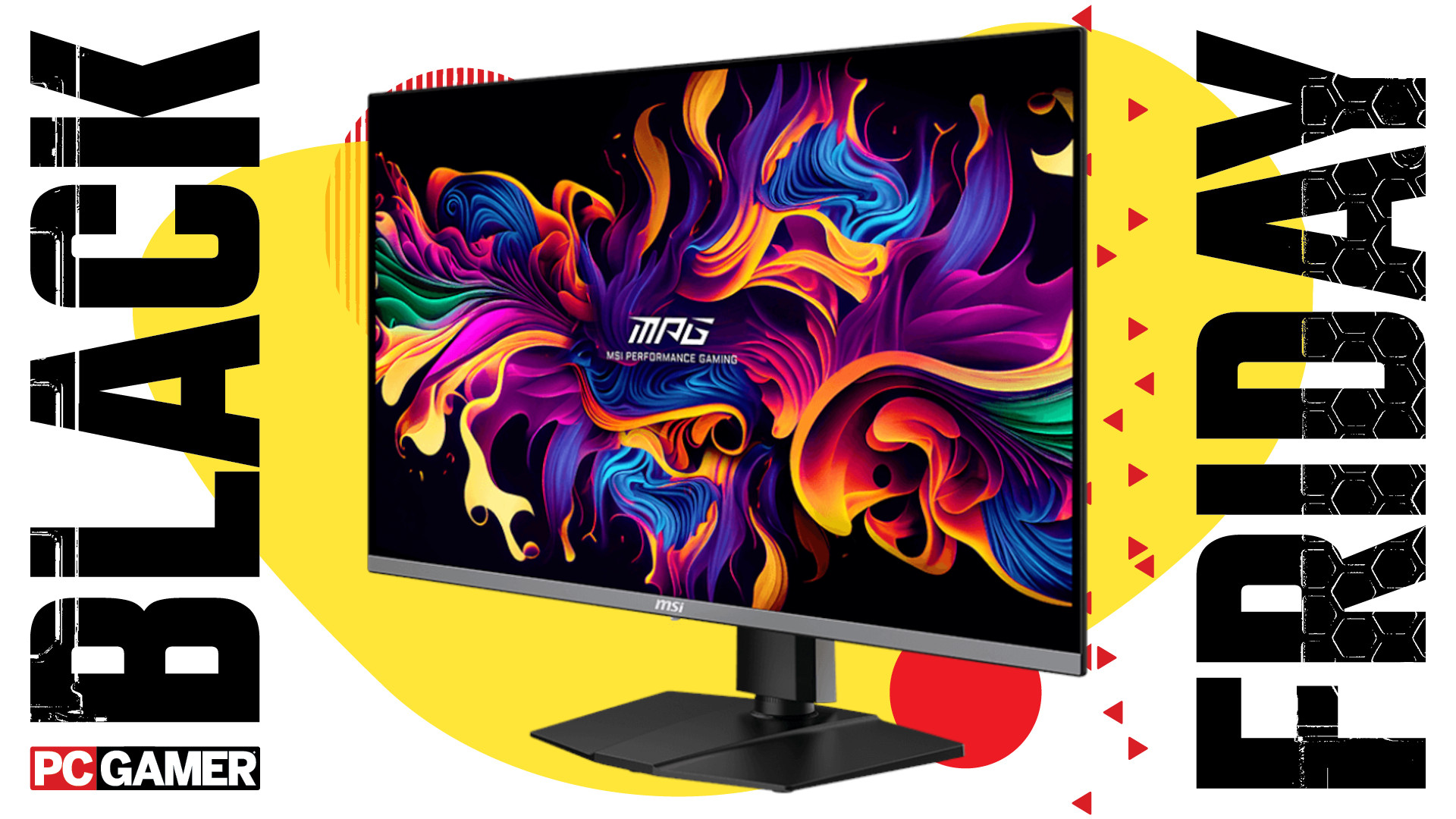 An image of an MSI MPG 321URX OLED gaming monitor against a colorful background, with a set of PC Gamer and Black Friday logos on the sides.