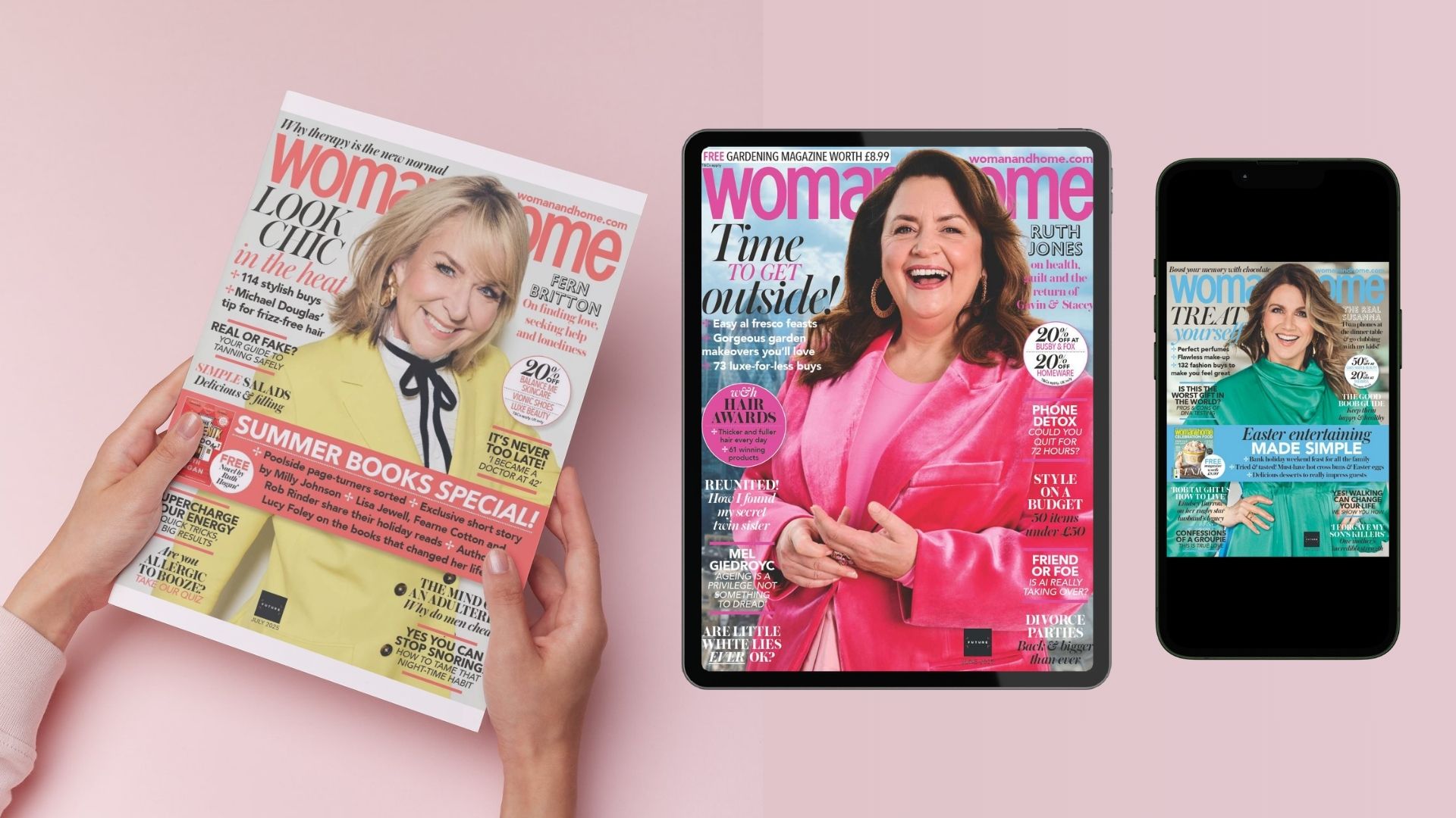 Hands holding a mockup of the July 2025 issue of woman&home magazine, featuring Fern Britton; the June 2025 issue featuring Ruth Jones is seen on a tablet screen; and the May 2025 issue with Susanna Reid is on a phone screen
