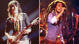 Two classic 1979 images of two icons: Ronnie Wood [left] plays a custom-made Zemaitis single-cut; Bob Marley wears a blue denim shirt and sings into the mic.