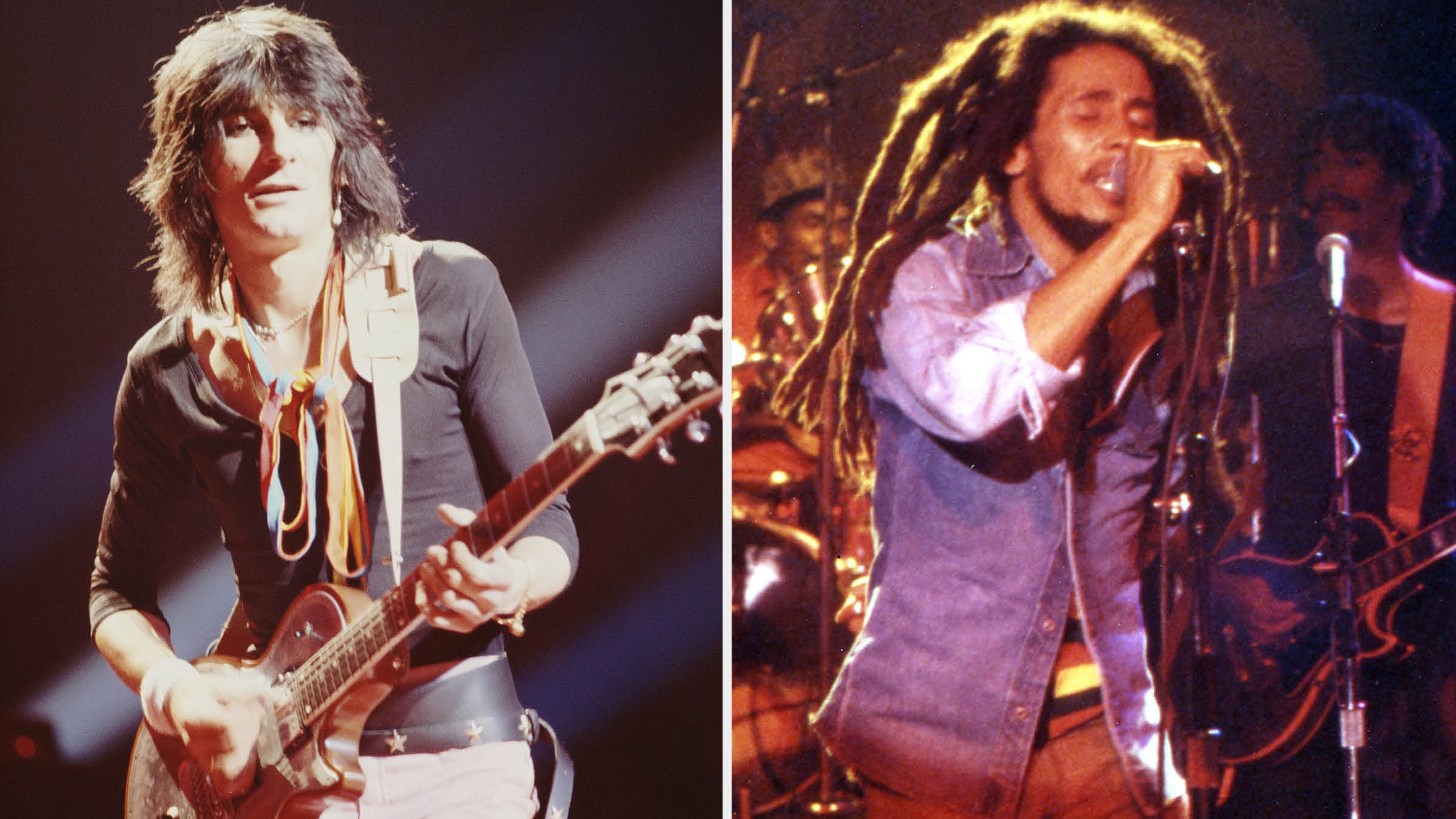Two classic 1979 images of two icons: Ronnie Wood [left] plays a custom-made Zemaitis single-cut; Bob Marley wears a blue denim shirt and sings into the mic.