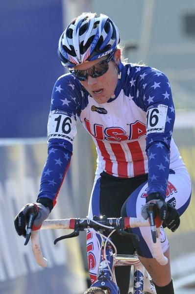 Katie Compton just seconds after crossing the line in second place