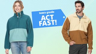 A male and female model wearing colorful Marmot fleeces next to a Tom's Guide deals badge