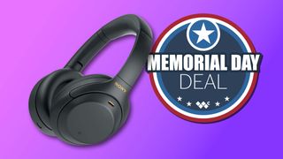 Sony WH-1000XM4 Wireless Premium Noise Canceling Overhead Headphones on purple and pink background. A badge next to the headphones reads, "Memorial Day Deal."