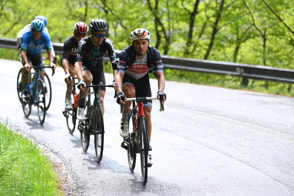 BAGNO DI ROMAGNA ITALY MAY 20 Gianluca Brambilla of Italy and Team Trek Segafredo in the Breakaway during the 104th Giro dItalia 2021 Stage 13 a 212km stage from Siena to Bagno di Romagna Rain girodiitalia Giro UCIworldtour on May 20 2021 in Bagno di Romagna Italy Photo by Tim de WaeleGetty Images