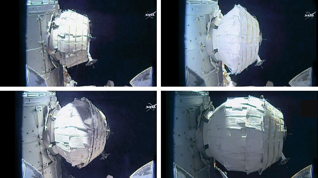 The inflation of the Bigelow Expandable Activity Module, a prototype space habitat, is shown in this series of images taken by a NASA camera on the International Space Station during expansion operations on May 28, 2016. 