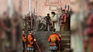 An illustration of the execution of Mary, Queen of Scots, who is depicted holding the rosary beads.