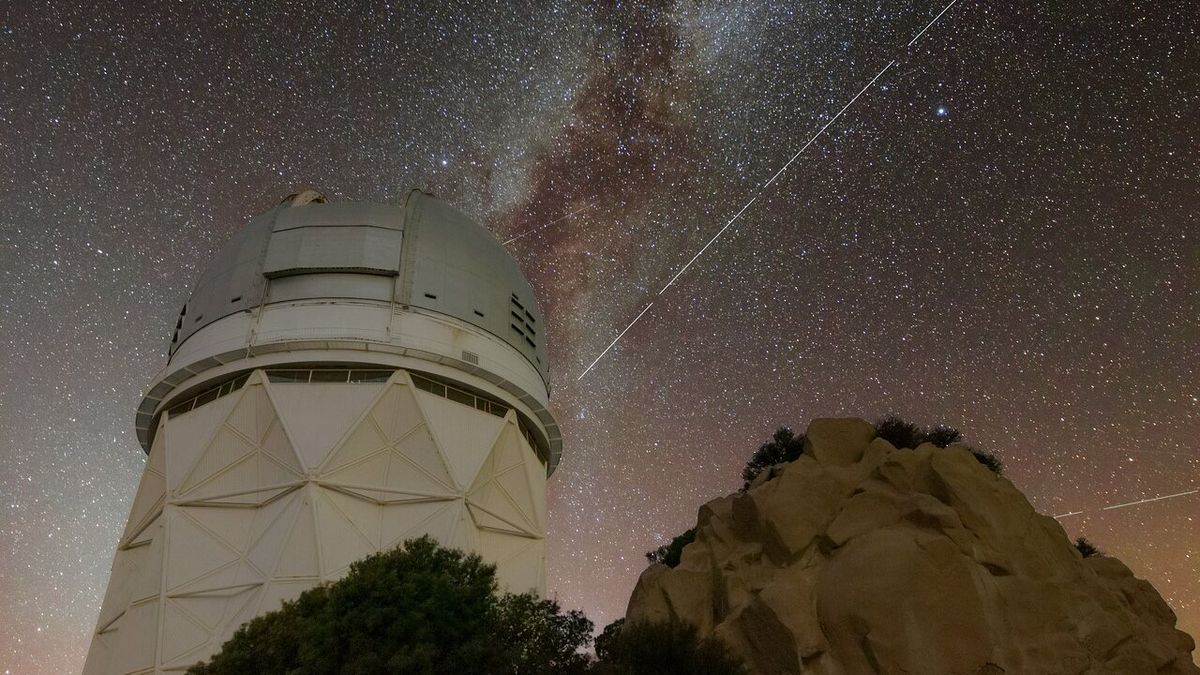 A composite of four time lapse images shows BlueWalker 3 passing over the Kitt Peak National Observatory in Arizona.