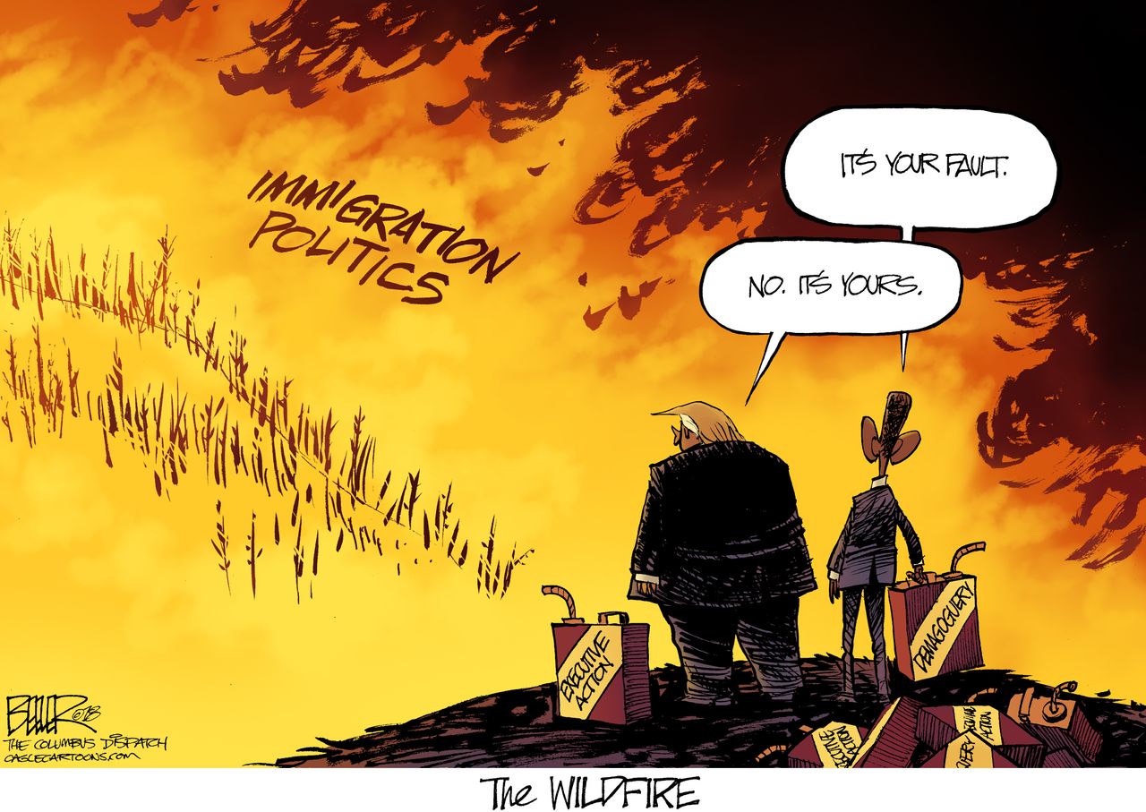 Political cartoon U.S. Trump Barack Obama wildfire immigration politics blame executive action demagoguery