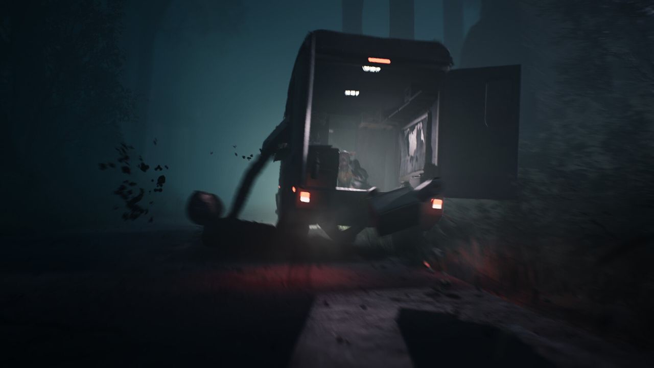A truck with its door open swerves off a road