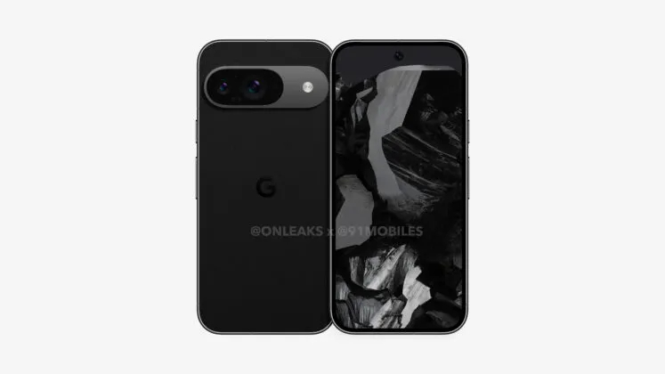 A leaked Google Pixel 9 render showing its front and back. The camera module is now a pill shape and the phone looks more like an iPhone