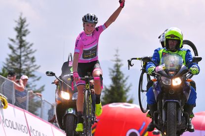 MONTE ZONCOLAN, ITALY - JULY 14: Arrival / Annemiek van Vleuten of The Netherlands and Team Mitchelton-Scott Pink leader jersey / Celebration / during the 29th Tour of Italy 2018 - Women, Stage 9 a 104,7km stage from Tricesimo to Monte Zoncolan 1730m / Giro Rosa / on July 14, 2018 in Monte Zoncolan, Italy. (Photo by Luc Claessen/Getty Images)MONTE ZONCOLAN, ITALY - JULY 14: Arrival / Annemiek van Vleuten of The Netherlands and Team Mitchelton-Scott Pink leader jersey / Celebration / during the 29th Tour of Italy 2018 - Women, Stage 9 a 104,7km stage from Tricesimo to Monte Zoncolan 1730m / Giro Rosa / on July 14, 2018 in Monte Zoncolan, Italy. (Photo by Luc Claessen/Getty Images)