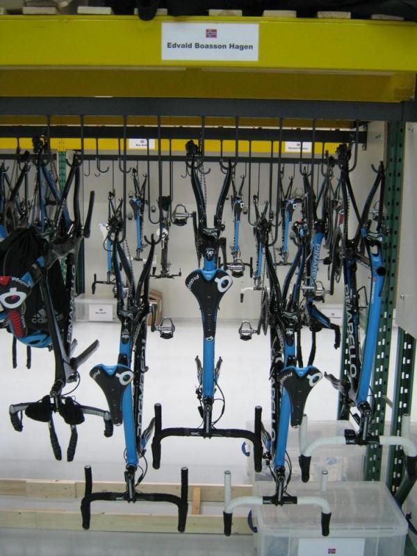 Edvald Boasson Hagen is not racing, so his four road bikes and TT bike are on the rack
