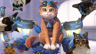 Cat riding a jetpack powered vehicle surrounded by other cats wearing goggles