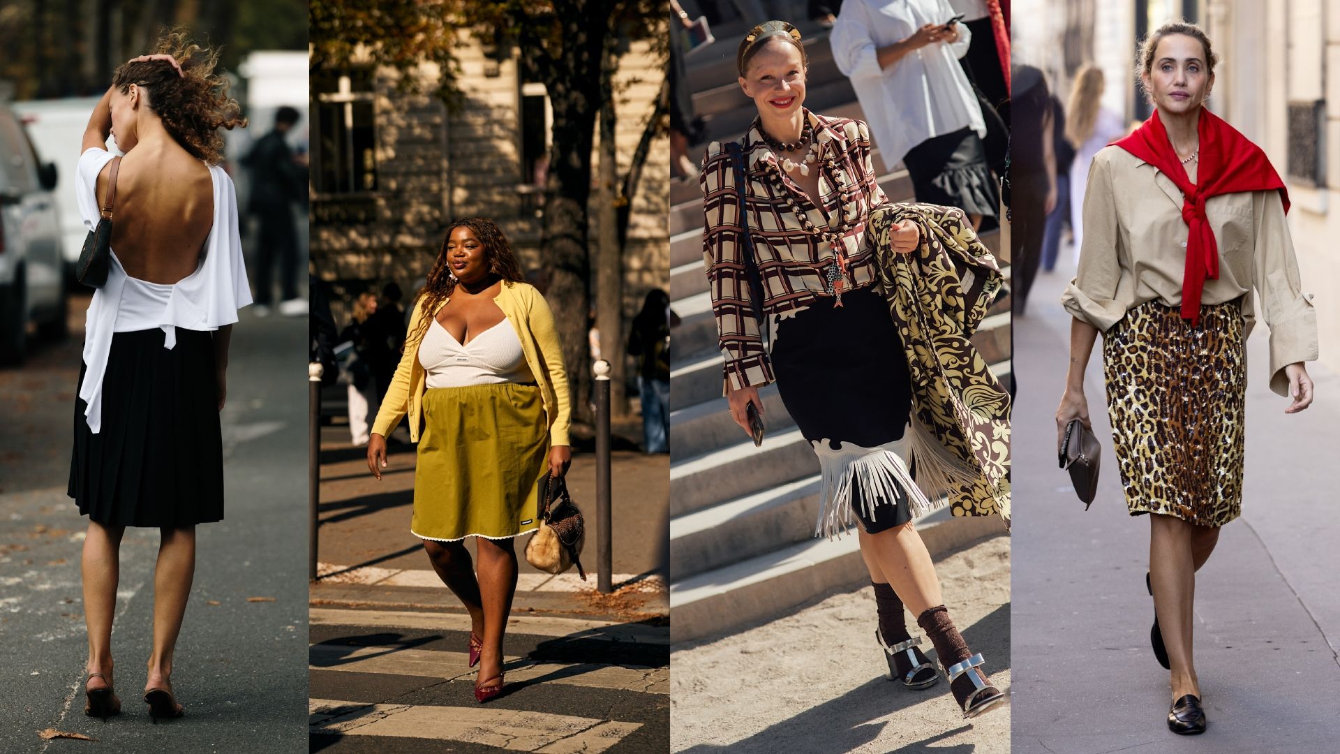 Streetstyle shots of showgoers wearing different knee length-style skirts
