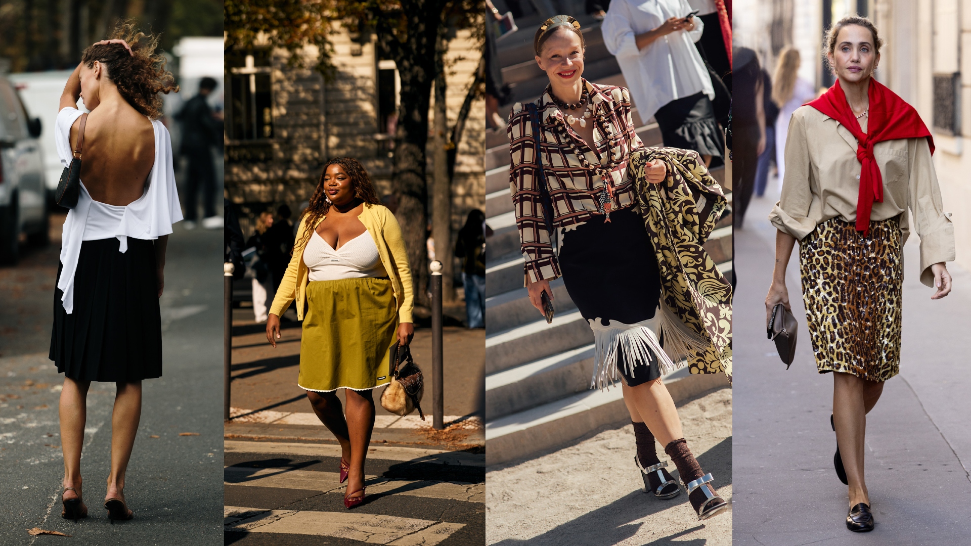 Streetstyle shots of showgoers wearing different knee length-style skirts