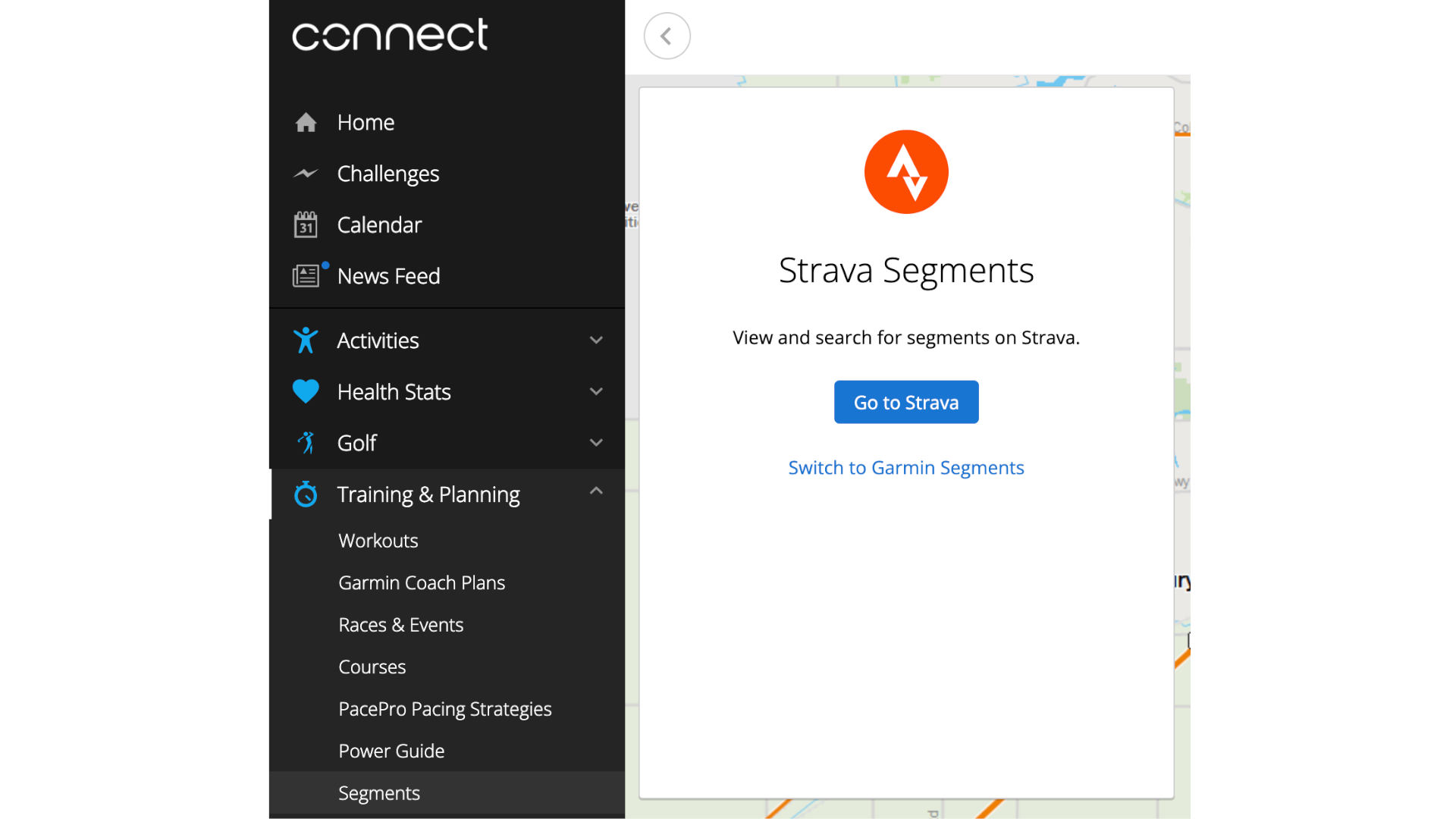 An official screenshot of where to find both Strava Live Segments and Garmin Live Segments setup in the Garmin Connect app.