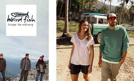 weird fish logo top left with an image of two people walking 