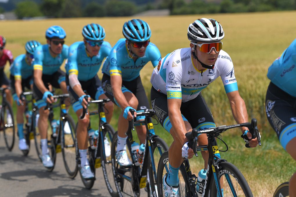 Alexey Lutsenko leads the Astana chase during stage 3 at the Tour de France
