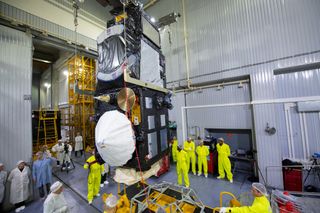 The European Sentinel-3B Earth observation satellite is prepared to be attached to its Rockot booster on April 17, 2018 ahead of a planned launch from Russia's Plesetsk Cosmodrome. The mission launched into orbit on April 25.