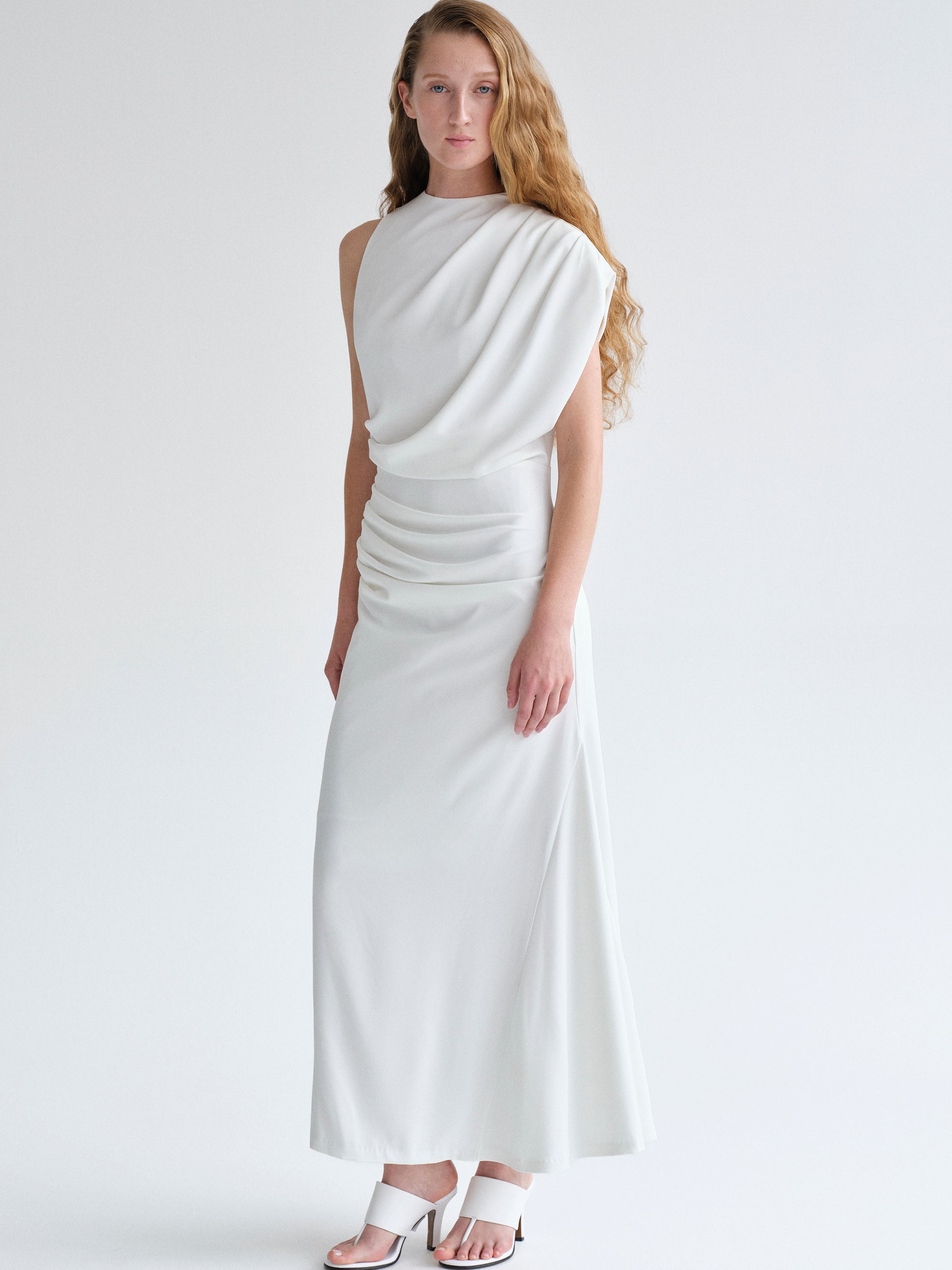 Asymmetric Draped Dress, White