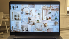 A laptop with a collage of aspirational home images in a neutral and pastel aesthetic