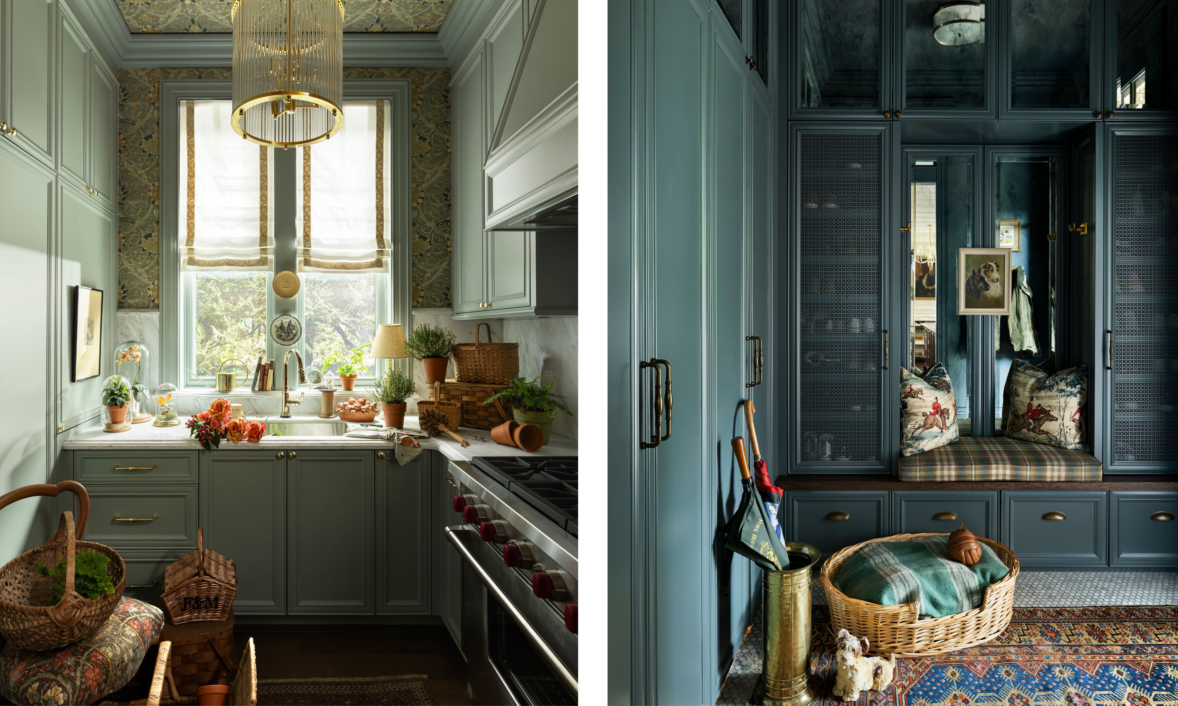 two side by side images from a tudor revival home in Vancouver of a sage green back kitchen and a deep teal mudroom