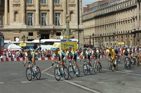 Astana were the first team to arrive on the Champs-Elysees