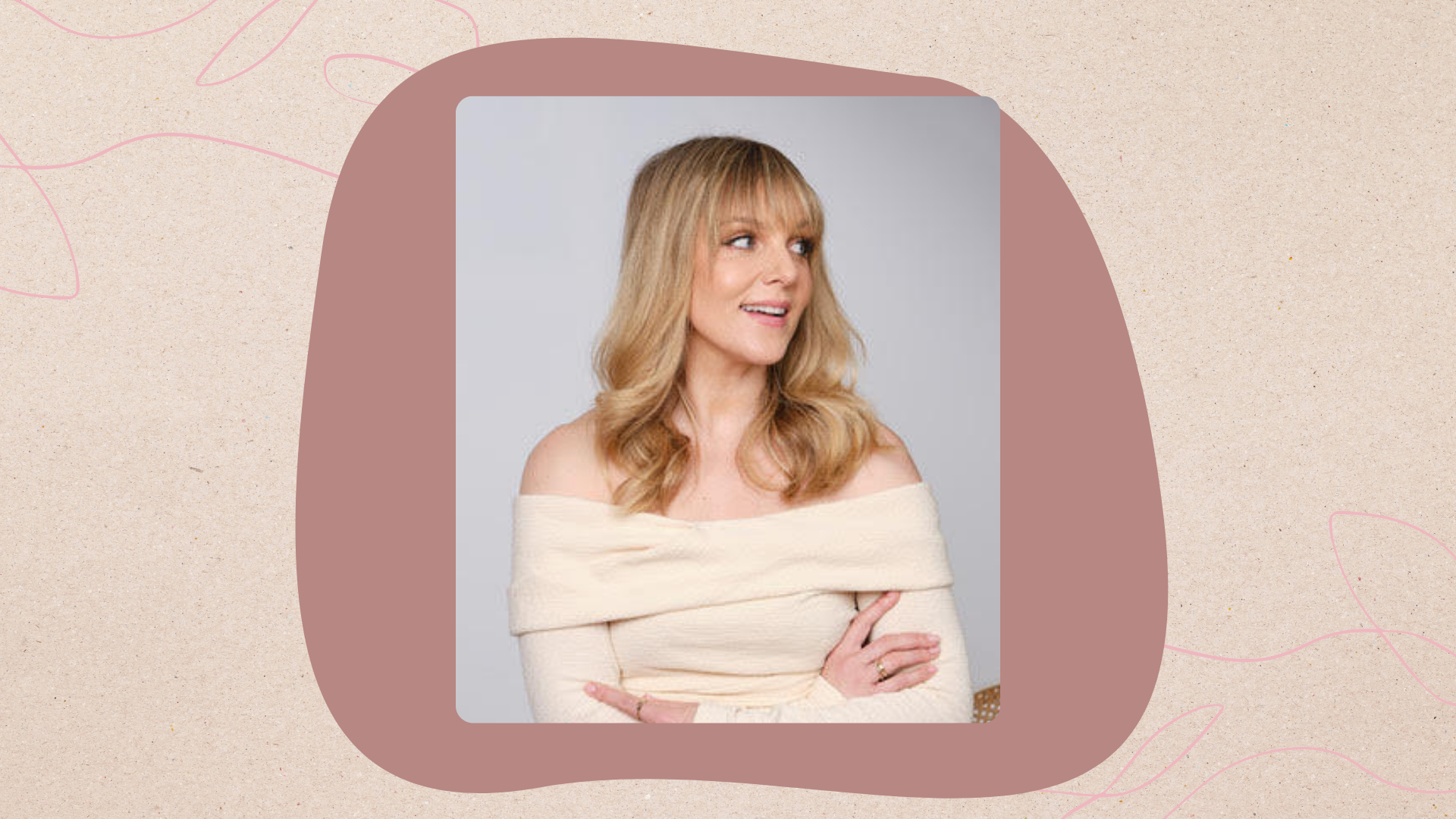 Image of beauty journalist Sara against a dark pink abstract shape on a beige background with two pink single line illustrations