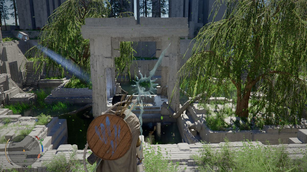 Crimson Desert Root's End: Kliff looking at a pavilion in a bright garden.