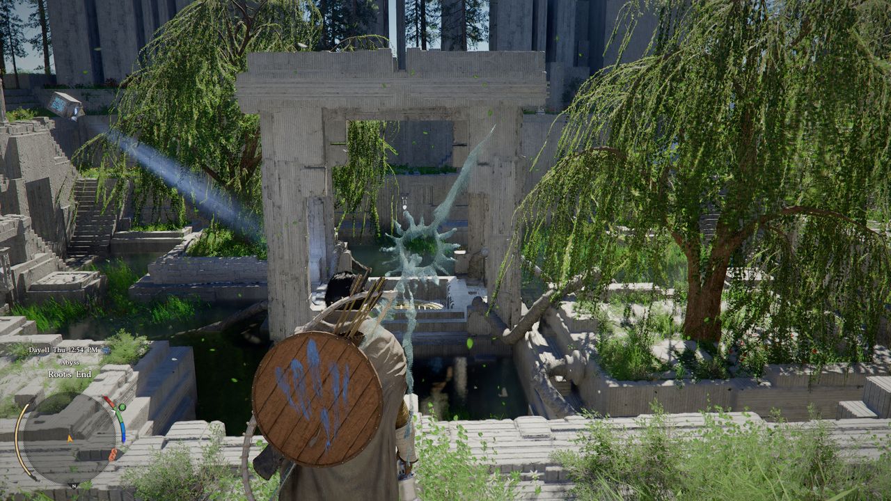 Crimson Desert Root's End: Kliff looking at a pavilion in a bright garden.