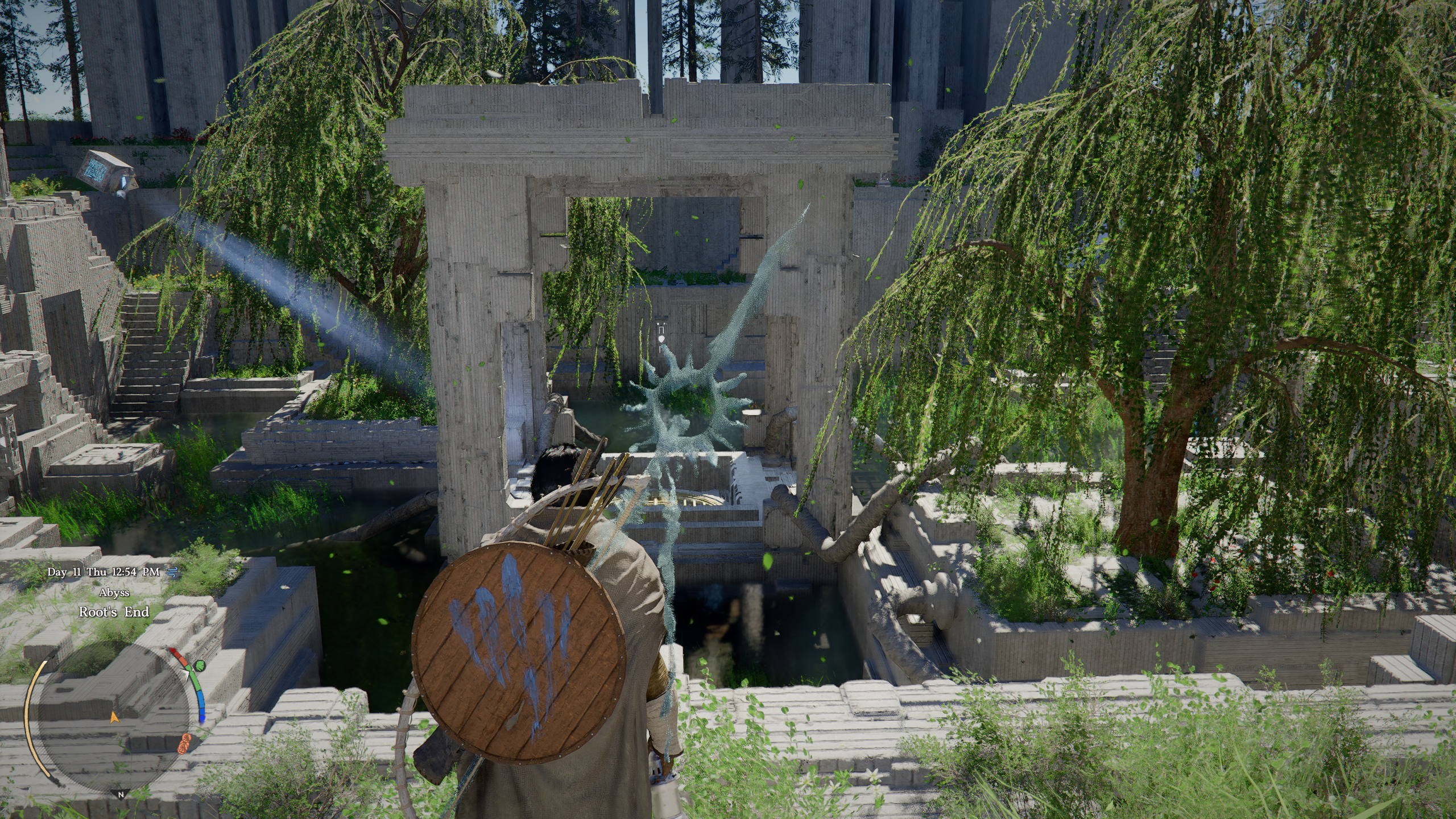 Crimson Desert Root's End: Kliff looking at a pavilion in a bright garden.