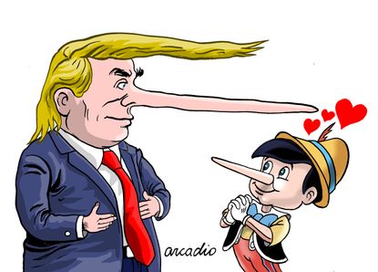 Political Cartoon U.S. Trump lies Pinocchio