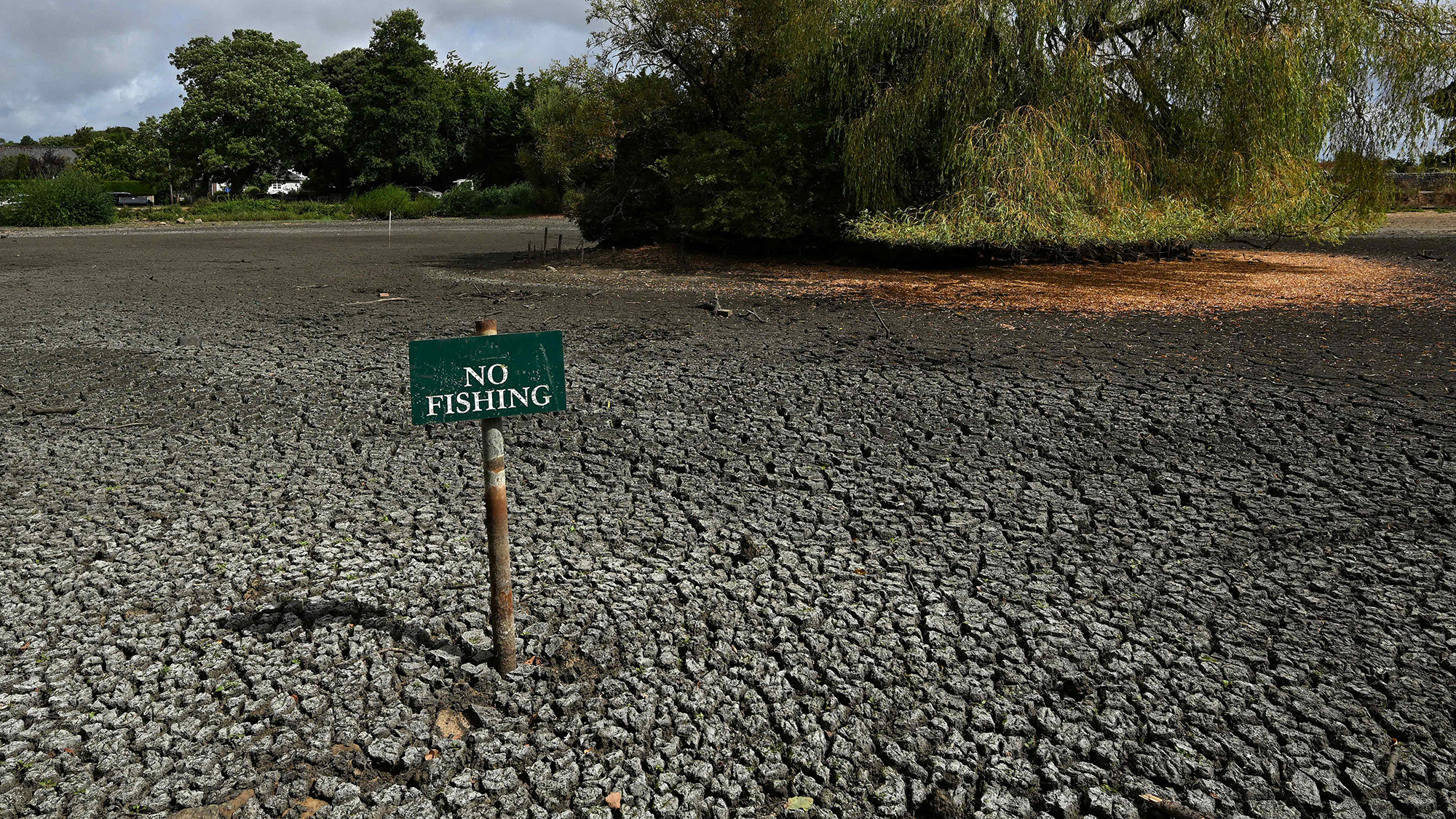 A 'No Fishing' sign is seen in the dried up Falmer Pond following the driest July on record in Falmer, England